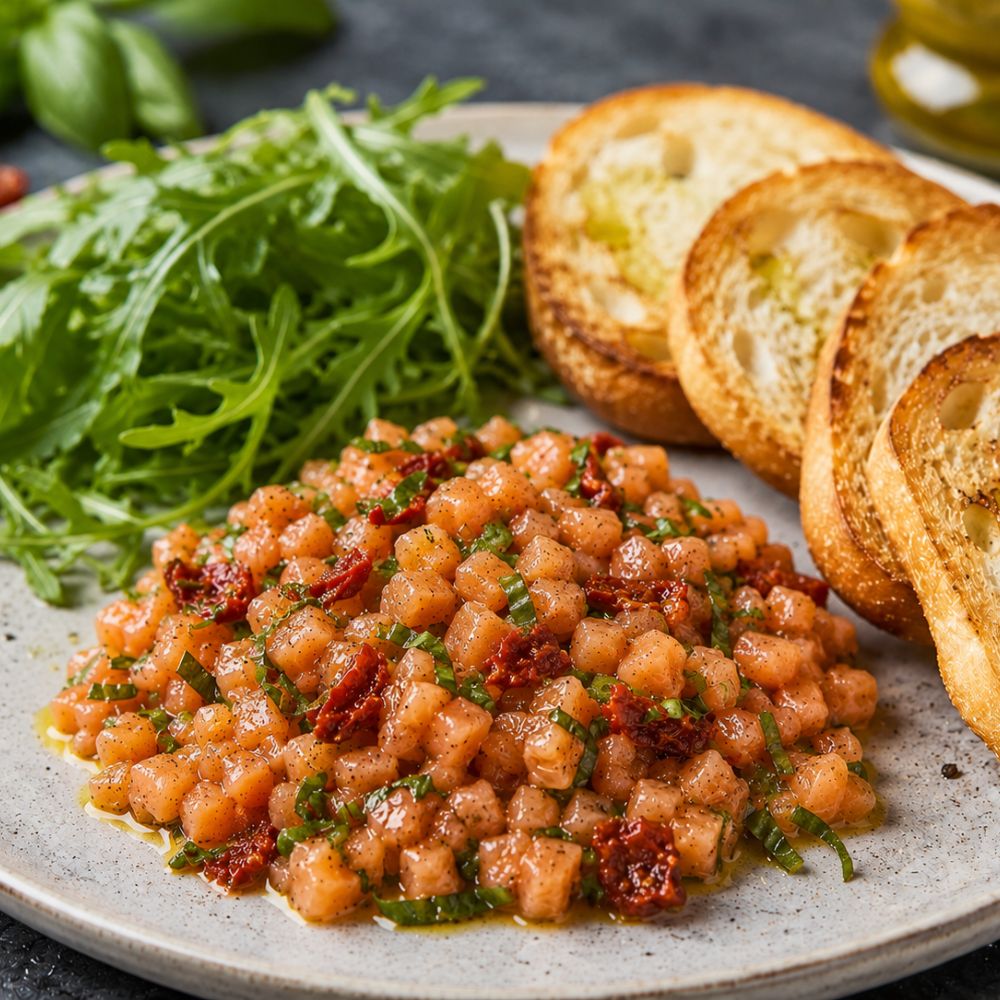 Tartare de saumon au basilic et tomates séchées