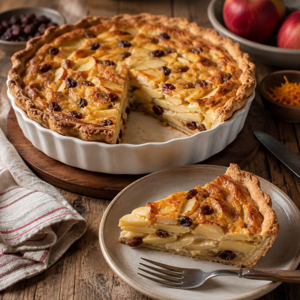 Tarte crémeuse aux pommes et raisins, rhum et vanille