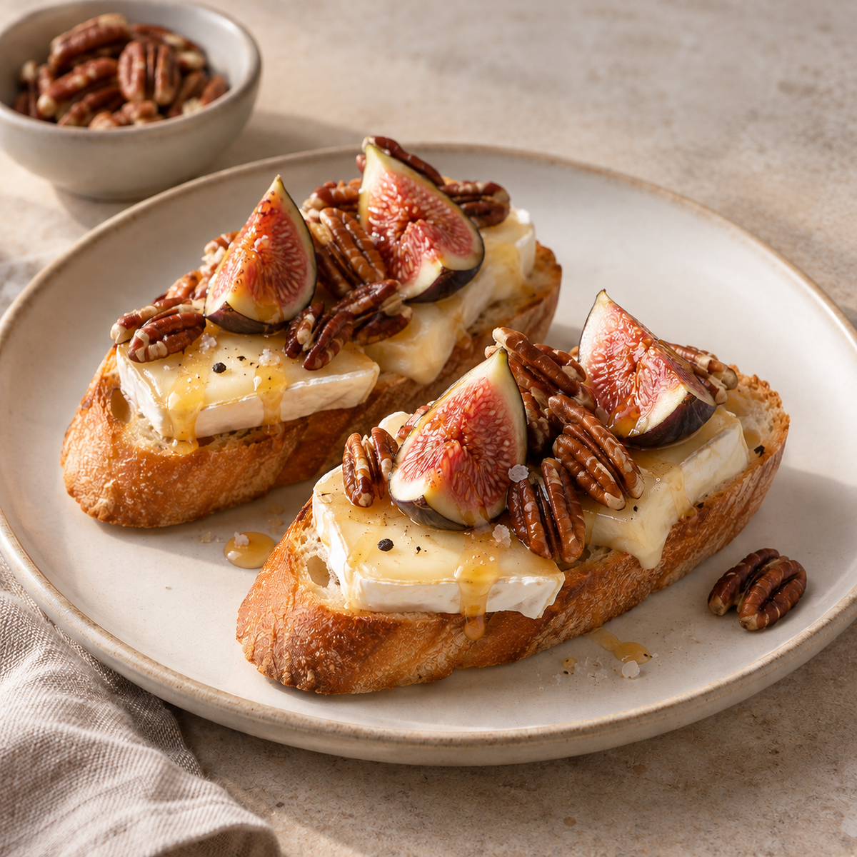 Tartine au brie double crème, figues et noix