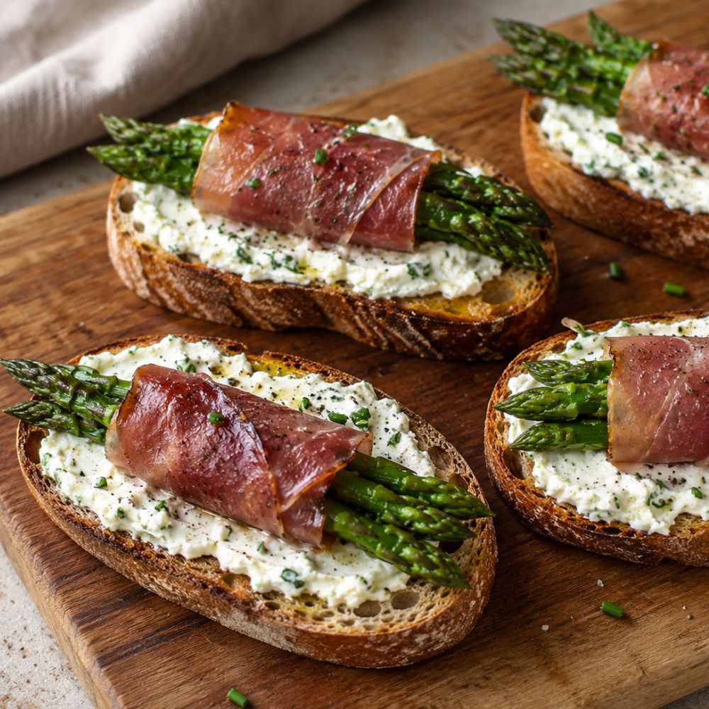 Tartine d’asperges au prosciutto et chèvre frais
