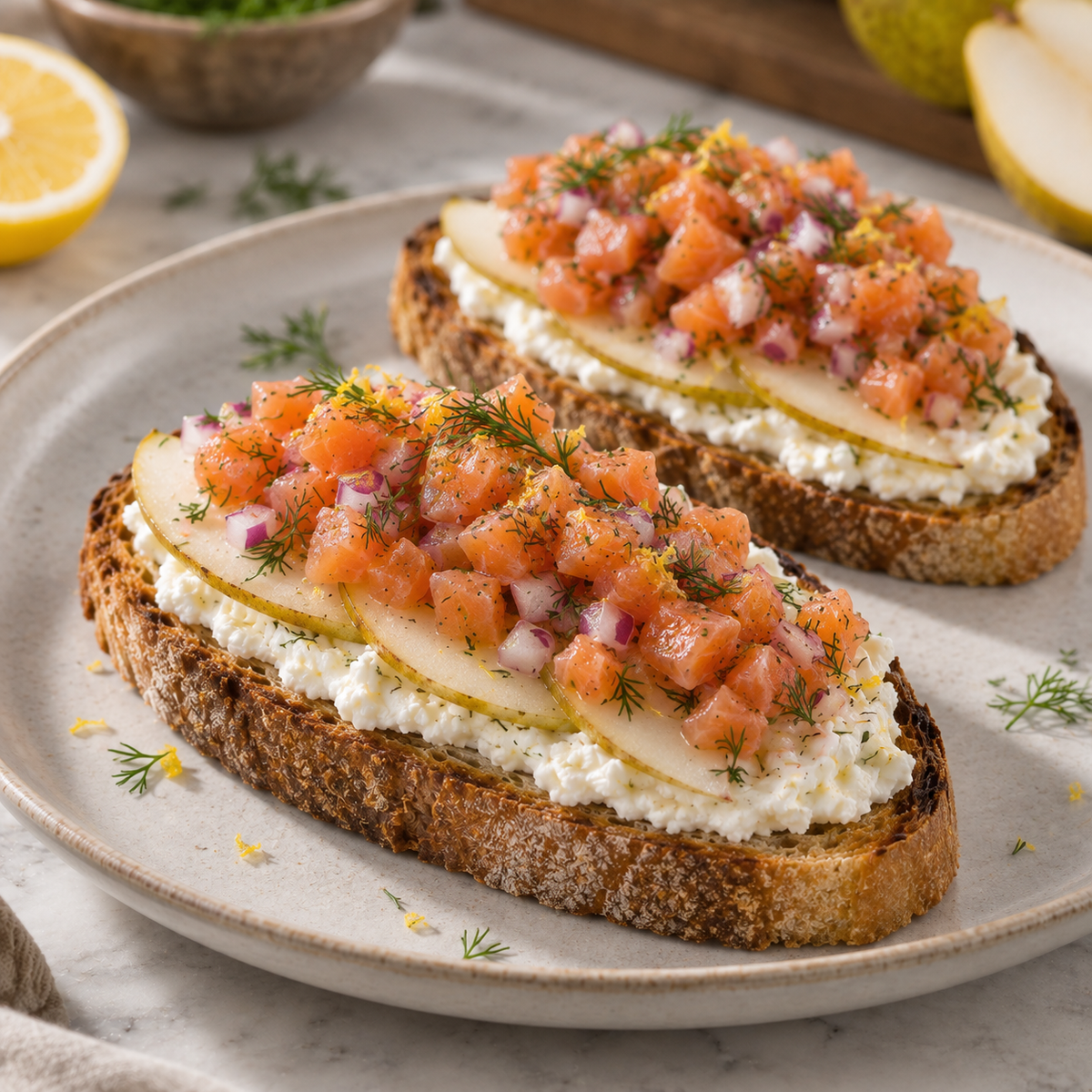 Tartine de cubes de saumon marinés à l’aneth