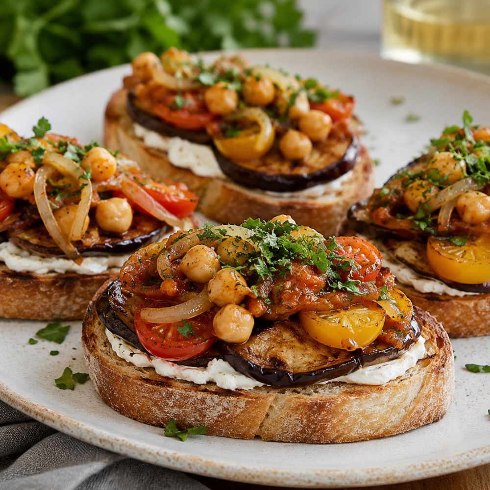 Tartine de moussaka et fromage de chèvre frais