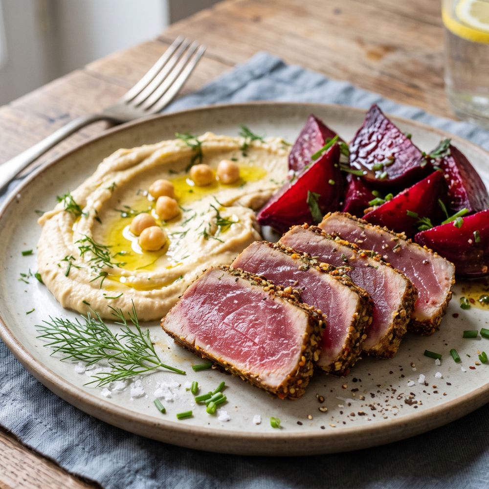 Tataki de thon aux epices, humus maison, betteraves façon pickles et edamames