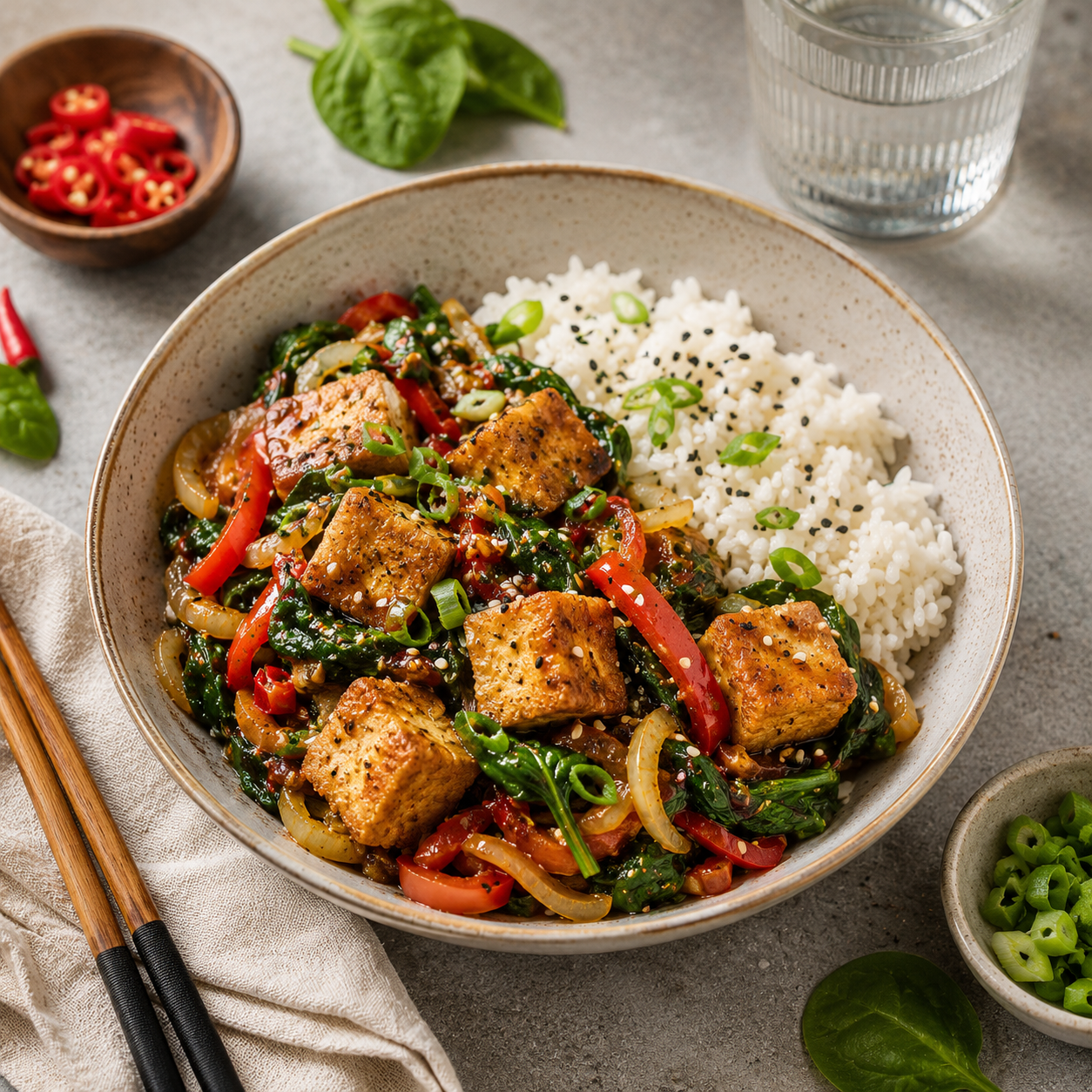 Tofu croustillant et épinard