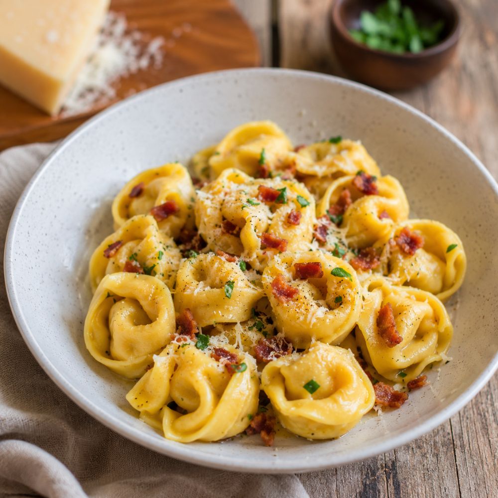 Tortellinis farcis au bacon croustillant, ricotta et purée de carottes