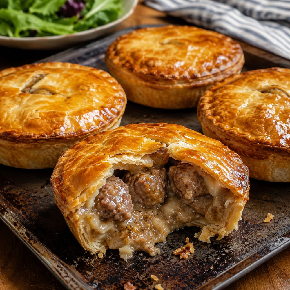Tourte aux boulettes de porc sauce hamburger steak en sauce brune aux oignons caramélisés