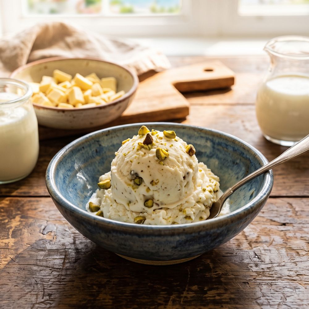 Yogourt glacé au chocolat blanc et pistaches